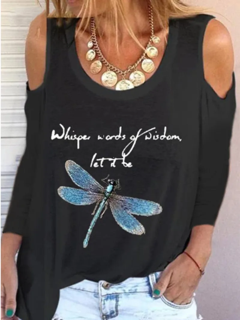 Женская футболка с принтом стрекозы Повседневная серая открытыми плечами и