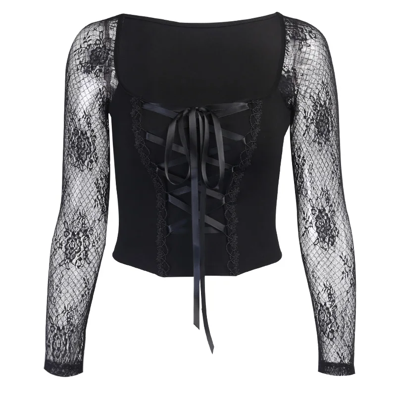 

InsDoit Gothic Vintage Print Black Tops Harajuku Bra Build Mesh See Through Long Sleeve Top Women Sexy Lace Patchwork Skinny Top