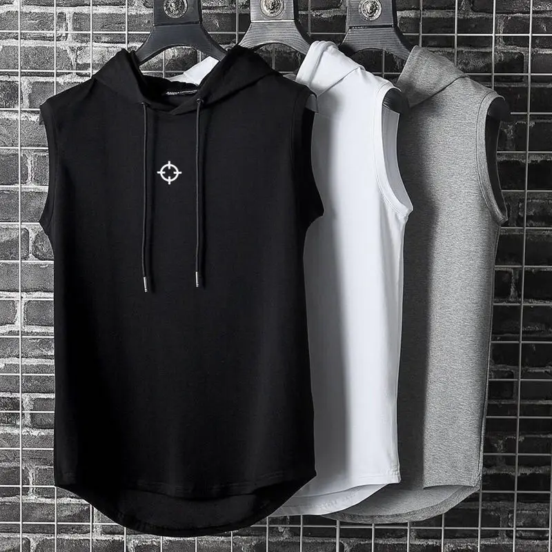 

Summer Mens Muscle Hoodie Vest Sleeveless Bodybuilding Gym Workout Fitness Shirt High Quality Vest Hip Hop Sweatshirt Men's Tops