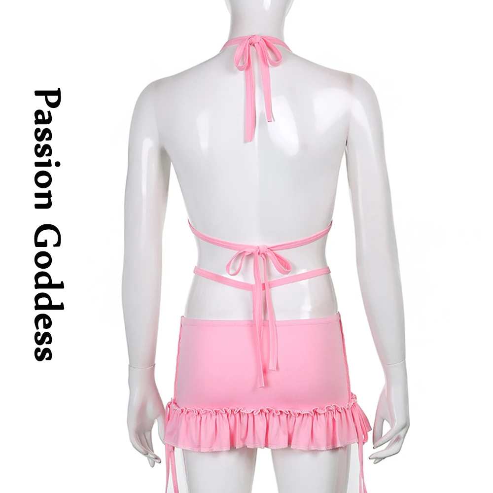 

Sexy Cute Women 2 Piece Pink Bikini Skirts Sets Bandage Camis Tops Printed Pleated Ruffles Mini Skirts Beach Two Piece Outfits