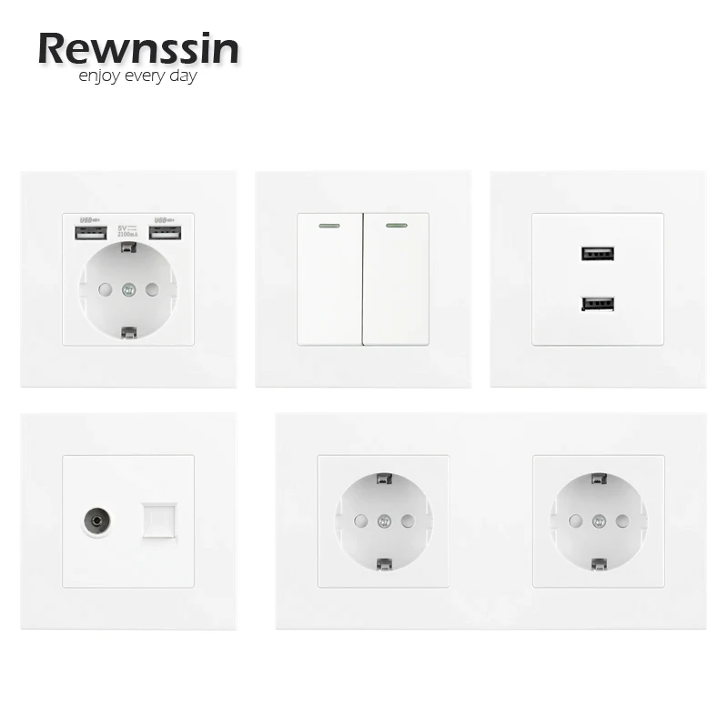 

Rewnssin Plastic Panel 1/2/3/4 Gang 1/2 Way Light Switch Home TV Computer Weak Current Data Jack EU Standrad Wall Power Socket