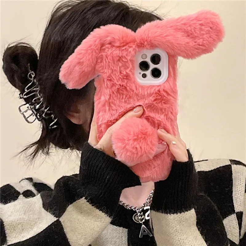 

Fashion Cute Rose Rabbit Plush Phone Case For iPhone 13 12 11 XS Max X XR 7 8 Plus Winter Soft Shockproof Back Cover