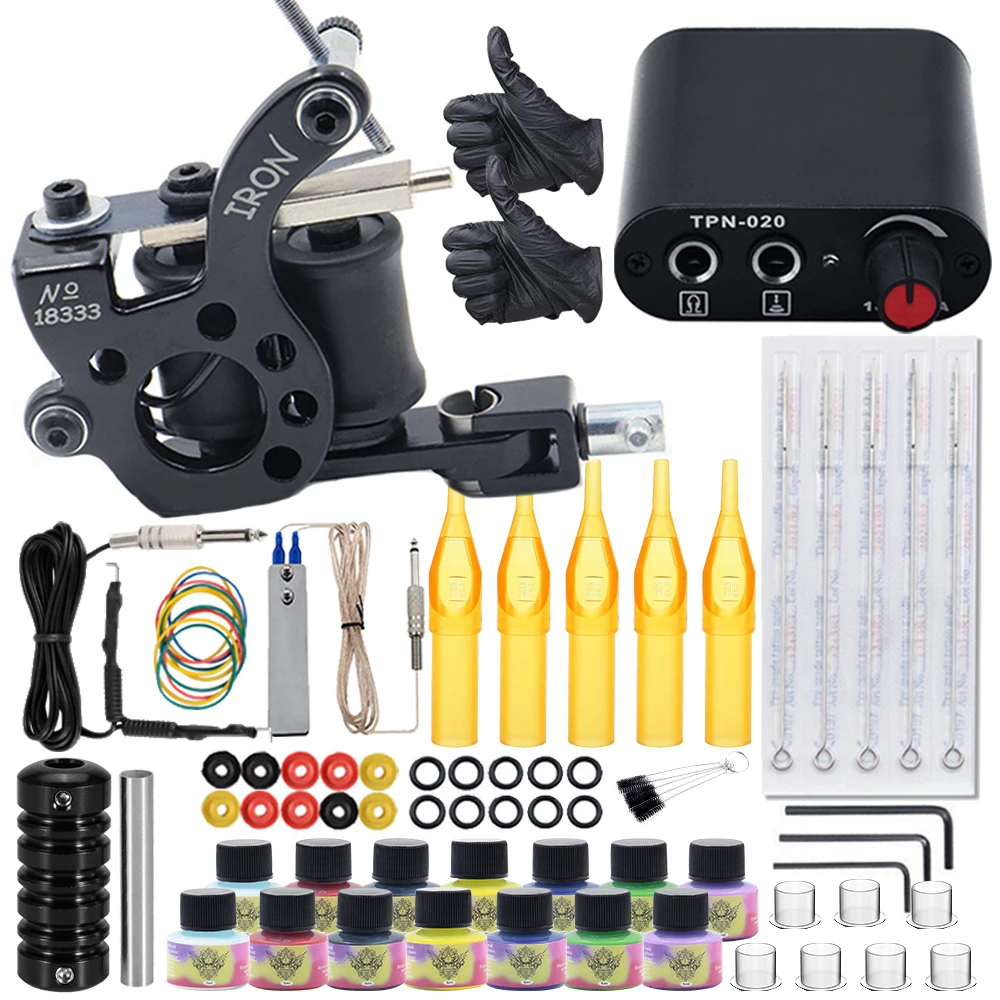 

Complete Tattoo Kit Tattoo Machines Gun Set Power Supply Grips Body Art Needles Pigment Set Tattoo Tools Beginner Tattoo Set