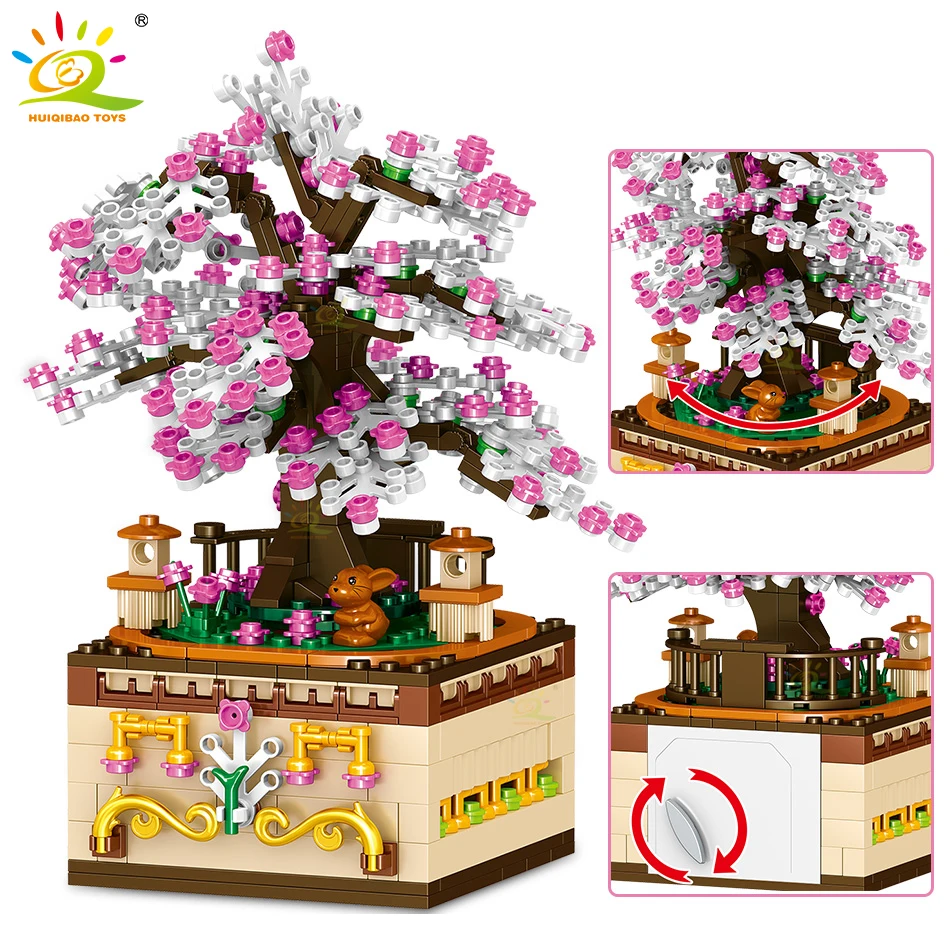 

HUIQIBAO 487Pcs Sakura Theme Music Musical Box Building Blocks City Oriental Cherry Tree Creativity Bricks Squirrel Figures Toys