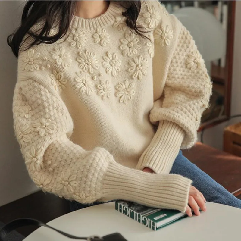 

Свободный вязаный джемпер, вязаный свитер с рукавами-фонариками, Женские винтажные толстые мягкие Пуловеры с цветочной вышивкой, пальто