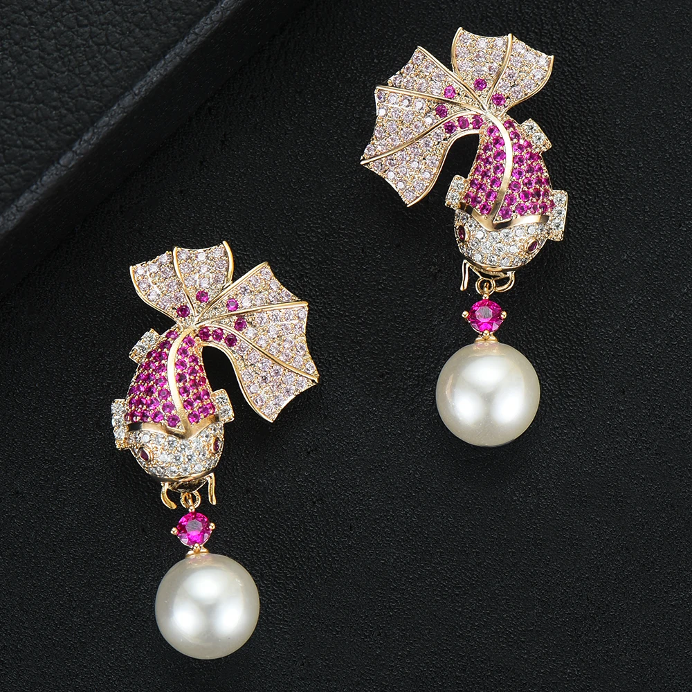 Siscathy New Charm Women Golden Fish Shape Pearl Earrings Fashion Jewelry Trendy Cubic Zirconia Drop Wedding For | Украшения и