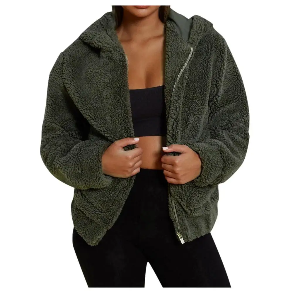 

Plush Fleece Coat Plus Size 5XL Women Winter Fluffy 2019 Solid Long Sleeve Hooded Zipper Fake Fur Wollen Coat Female Overcoat