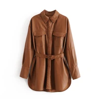 xnwmnz za women 2020 fashion with belt faux leather loose jacket coat vintage long sleeve pockets female outerwear chic tops