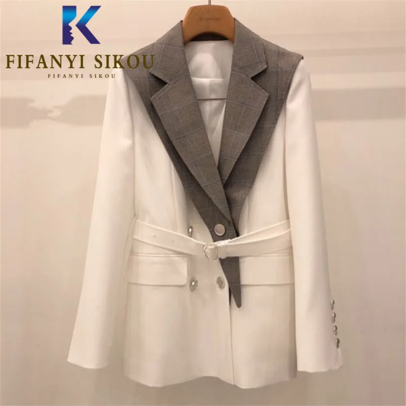 Fashion Spliced White Blazer Jacket Women Double Breasted Lapel Suit Jacket Ladies Office Loose Chic Blazers Coat High Quality