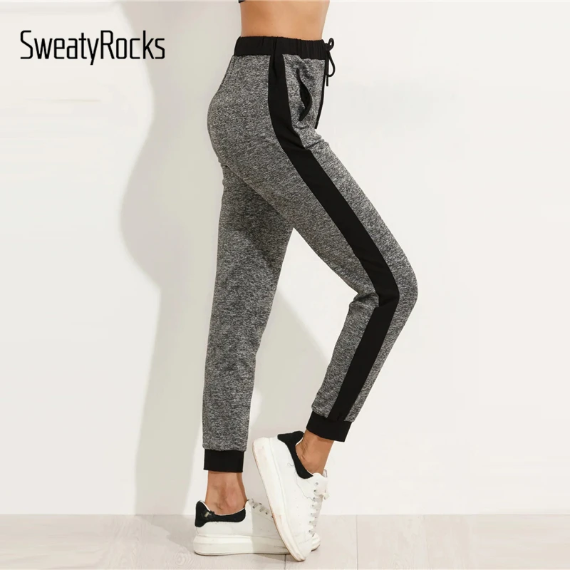 SweatyRocks серый накладной карман талия шов шнурок трикотажные штаны активная одежда Sweatpant Осень Женские повседневные штаны для активного отдыха