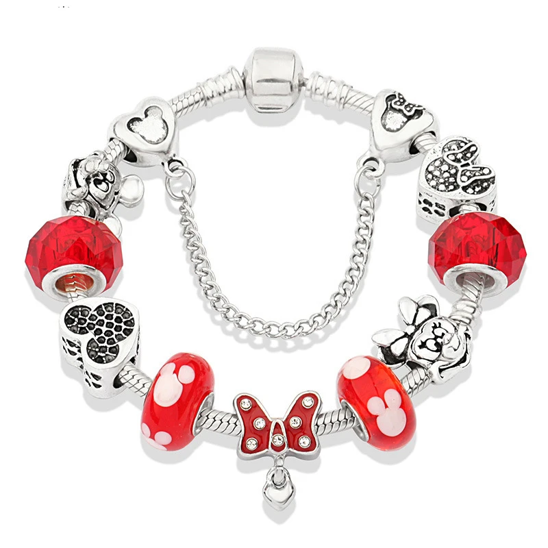 

Disney Mickey Minnie Mouse Bracelet Simple Red Bow Pendant Crystal Bracelet All-match Classic Bead Jewelry Bracelets for Women