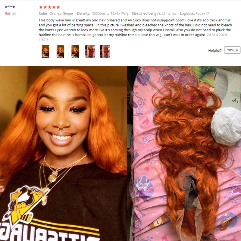 Парик из человеческих волос с апельсиновой имбирной кружевной передней частью