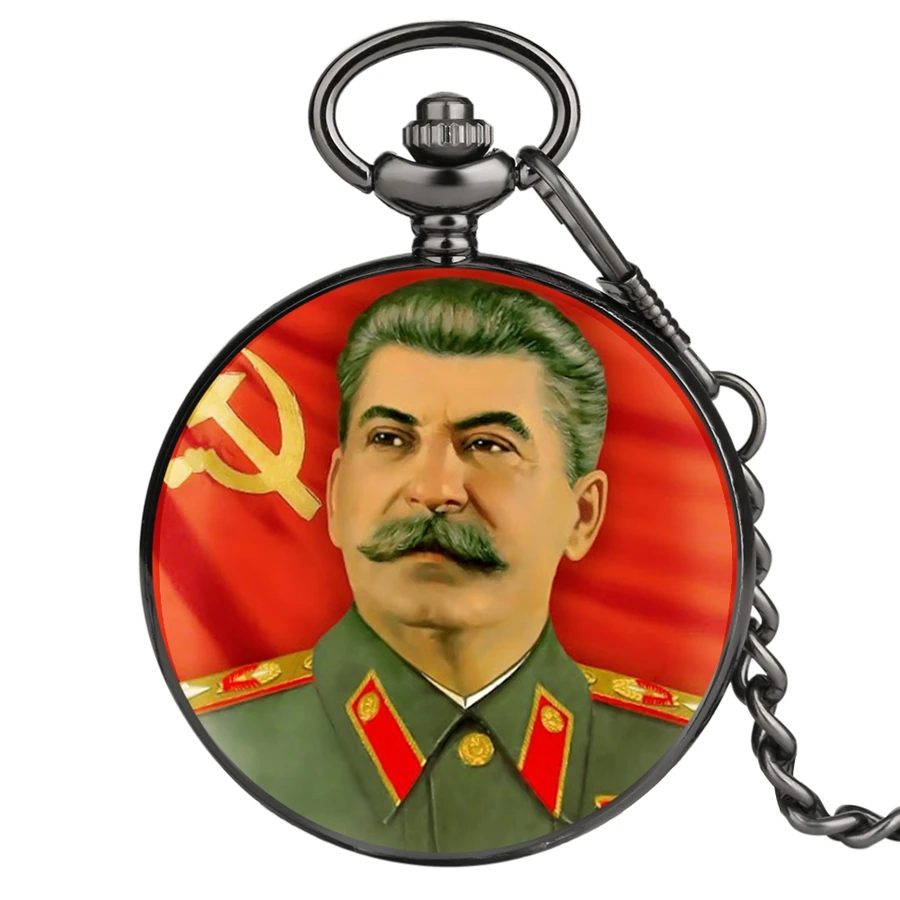 

Soviet Hero Portrait of Stalin of Russia's Leader Quartz Pocket Watch Soviet Sickle Hammer Style Chain Pendant Fob Clock Gifts