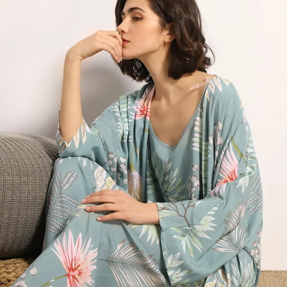 

July‘s Song 3 Pcs Women Pajamas Set Viscose Floral Printed Female Pyjama Loose Sleepwear Nightwear Spring Summer Lounge Wear