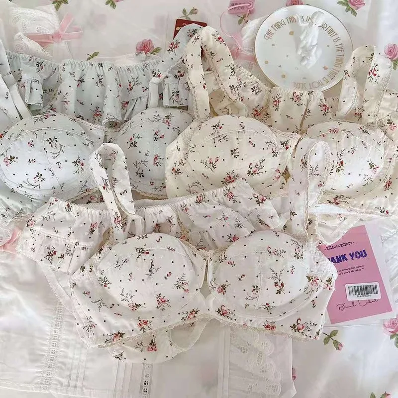 

New Kawaii Floral Lingerie Bras And Panty Sets For Women Girls Seamless Lounge Underwear Cute Cotton Japanese Bra Panties Set