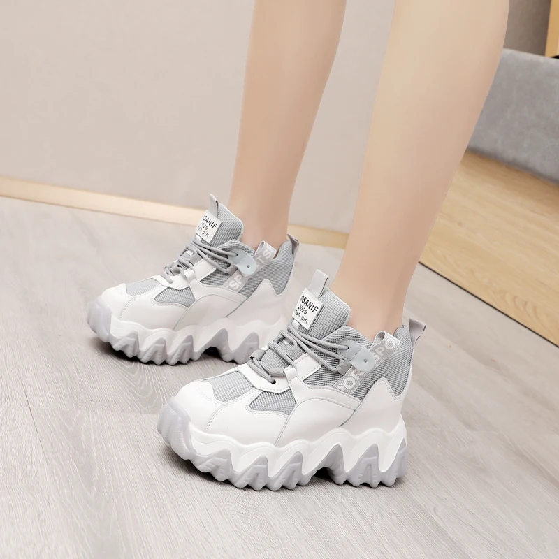 

Fashion Spring Women Leather Casual Shoes Comfortable High Platform Shoes 10CM Wedge Heels Ankle Boots Thick Sole Sneakers Woman