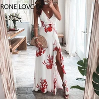 women v neck high slit floral print ruffles maxi dress sexy vacation dress