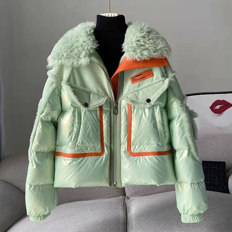 

Natural Real Sheep Fur Splicing Down Jacket Women Coat Winter 2022 New Arrival Lamb Wool Outerwear Thick Warm Green Clothes
