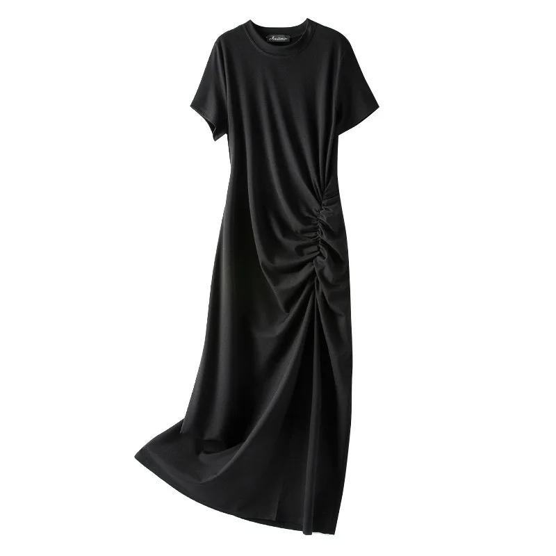 

New Arrival 2021 Summer Short Sleeve Long Split Black Dress for Woman