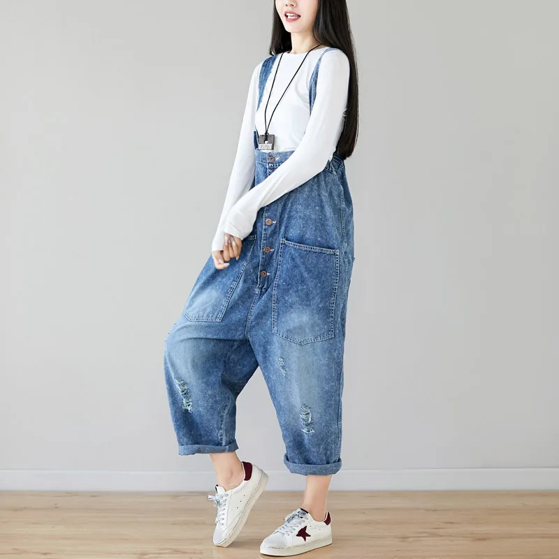 Комбинезон женский джинсовый с заниженной мотней комбинезон широкими штанинами