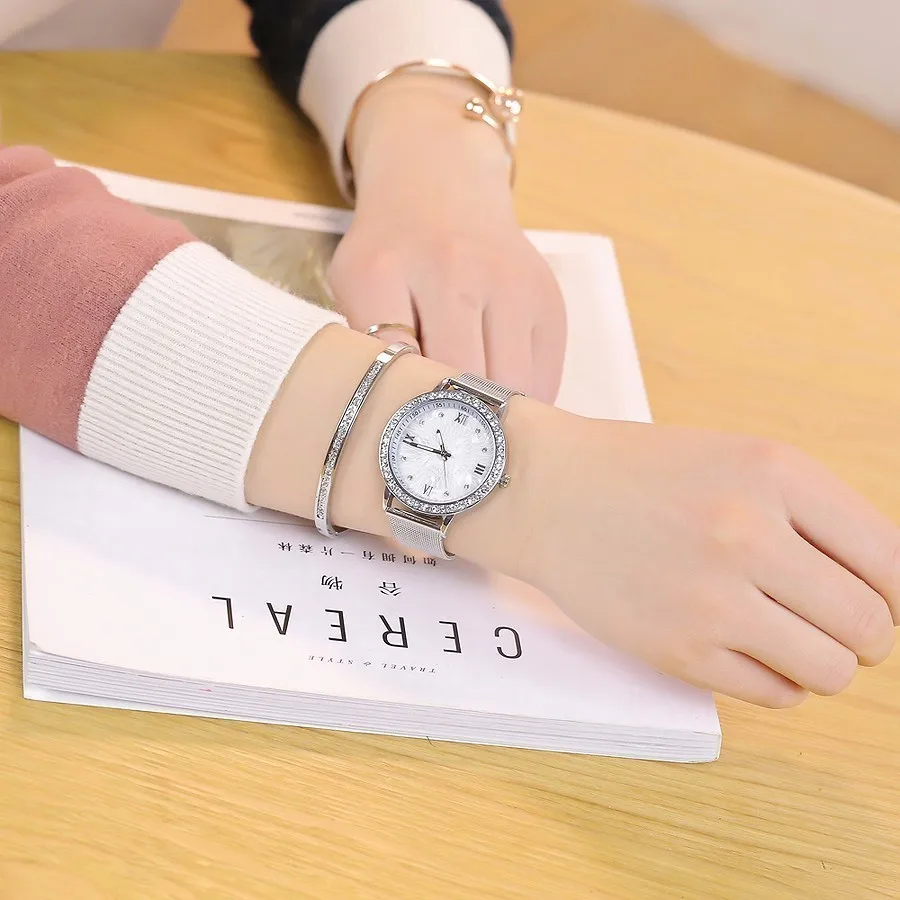 Luxury Women's Watch with Diamond Scale High-grade Stitching Steel Mesh Belt Women Clock Quartz Fashion Female Watches | Наручные