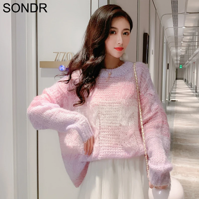 

Women'S Sweater Korean Rainbow Gradient Color Long Sleeves Oversized Ladies Knitted Pullover Top 2020 Autumn Loose Thin Sweaters