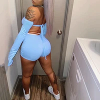 sexy women trendy streetwear jumpsuit shorts off shoulder solid color casual long sleeve backless bandage skinny playsuit 2020