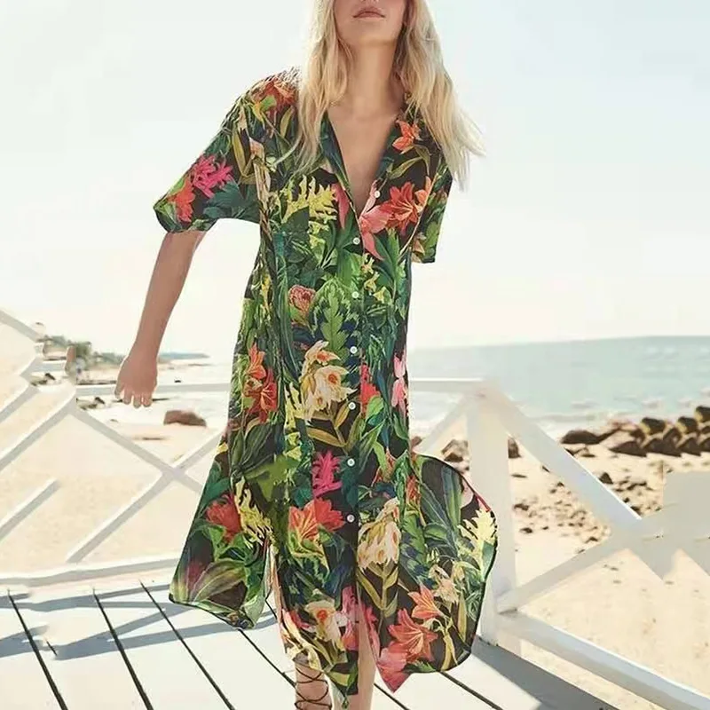 

Женское шифоновое платье макси, летнее однобортное длинное платье с принтом, с V-образным вырезом, для пляжа и отпуска, 2021