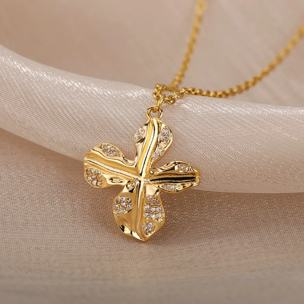 

Crystal Petal Necklaces For Women Stainless Steel Gold Cross Flower Pendant Choker Christmas Party Jewelry Gift Bijoux Femme