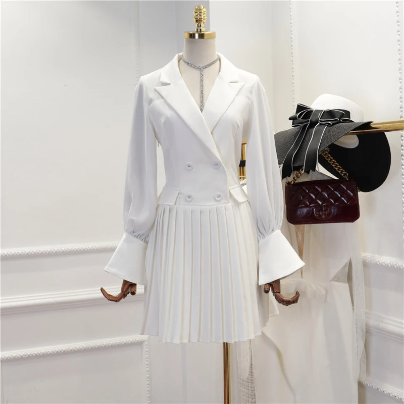 Женское офисное платье однотонное плиссированное с рукавом-фонариком | Женская