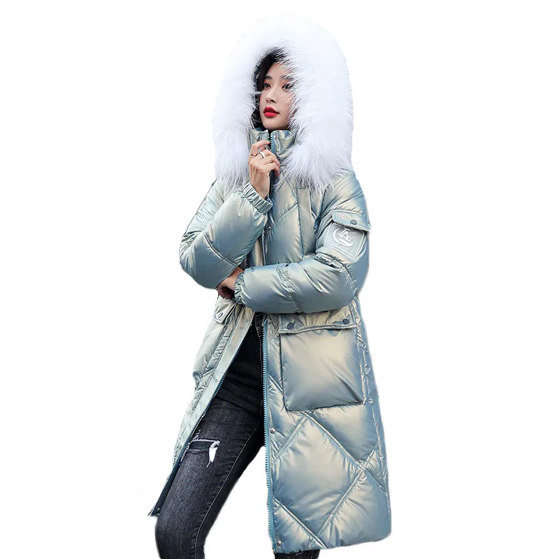 

Down Cotton Coat Women 2021 Winter New Fashion Bright Outerwear Hooded Fur Collar Pocket Slim Mid-length Jacket Female JD1450