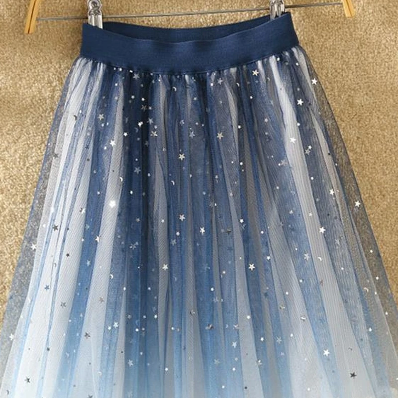 Длинная женская юбка из тюля 2019 весна лето расшитая блестками Звезда элегантная