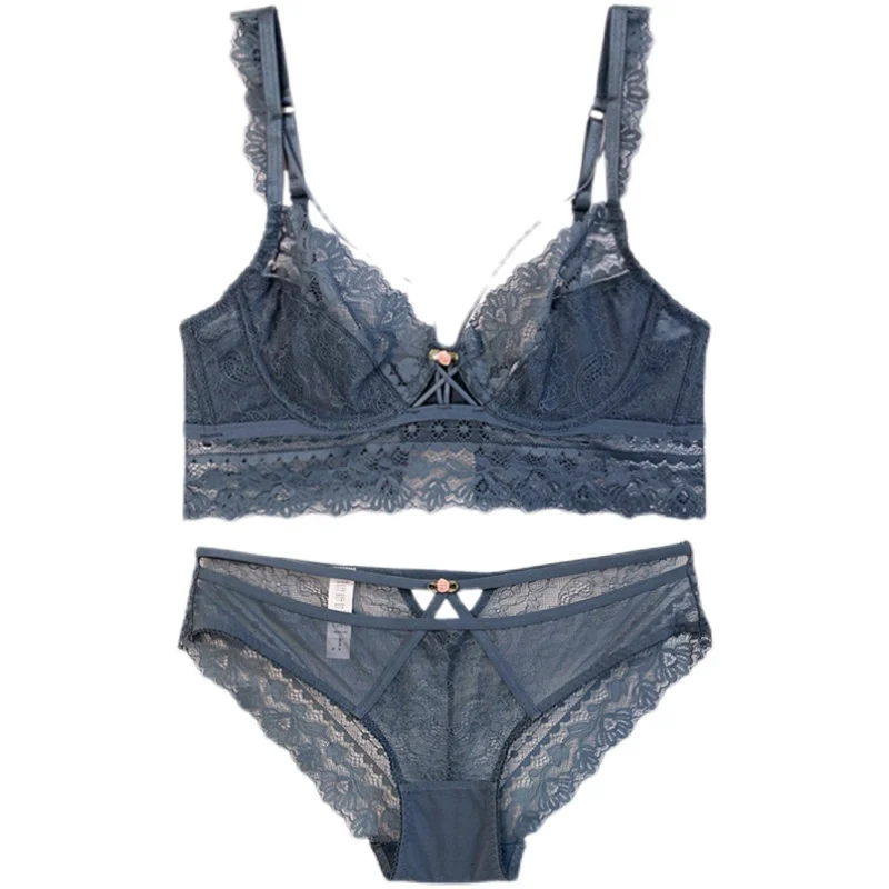 French ultra-thin lace transparent steel ring big breasts show small sexy exquisite fairy underwear set summer chest langerie