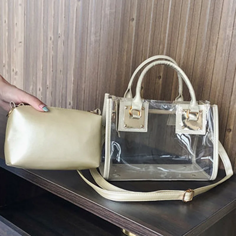 

2021 New Fashion Women 2 Piece Bags Transpatant Transparent Square Pack Shoulder Handbags Solid Small Bags