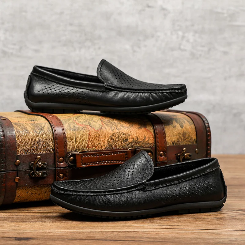

Genuine Leather Men Shoes slip on England Trend Male Footwear hollow out Men's Casual Outdoors Man Flats Work Shoes men