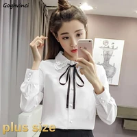 shirts women plus size bow long sleeve korean style leisure single breasted button elegant vintage casual clothes chiffon womens