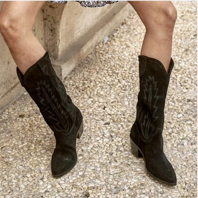 Luxury Brand Western Boots For Women Suede Embroidered Knee High Boots Pointed Toe Spike Kitten Heels Shoes Women's High Boots