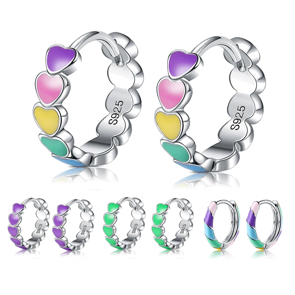 

Genuine 925 Sterling Silver Rainbow Multicolor Enamel Heart Shaped Earrings For Women Fine Trend Jewelry Accessories Girl Gift