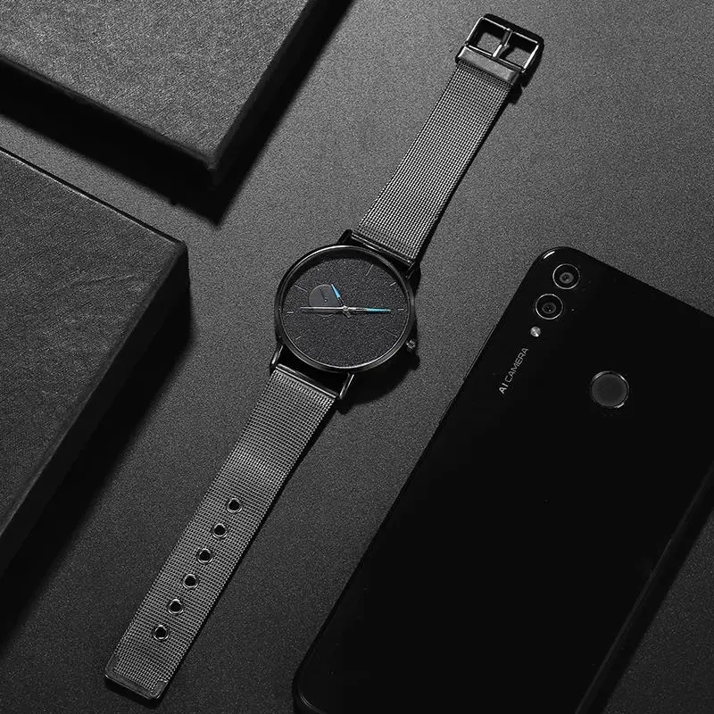 2019 Мужские кварцевые часы с черным сетчатым ремешком аналоговые наручные из