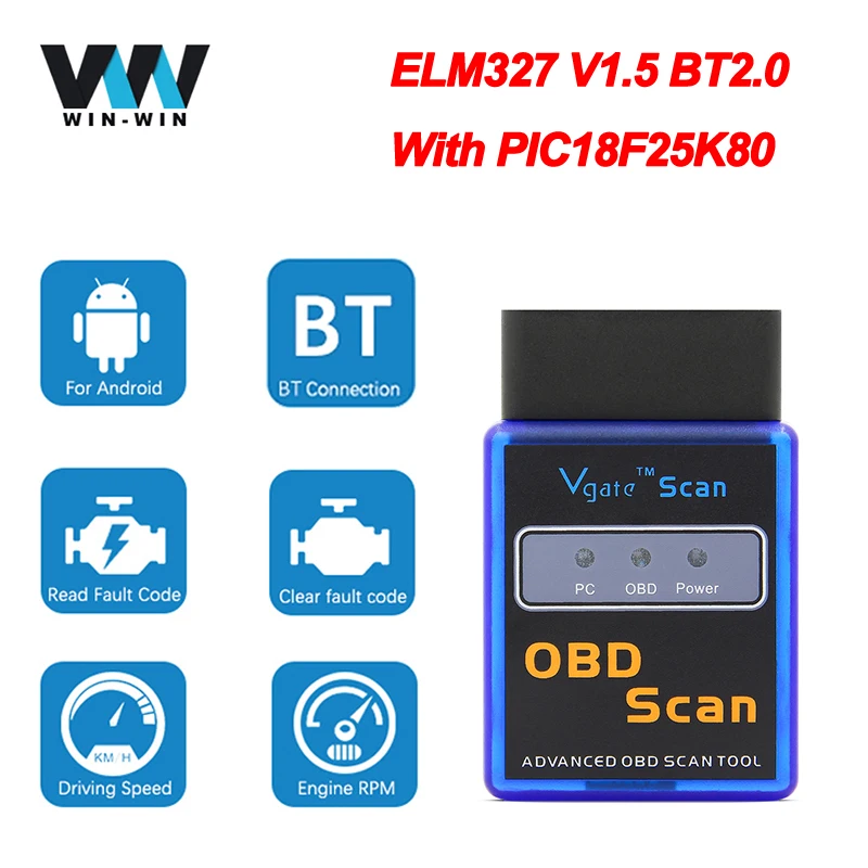 Bluetooth сканер Vgate elm327 V1.5 PIC18F25K80 obd2 для Android elm 327 считыватель кодов OBD 2 OBD2