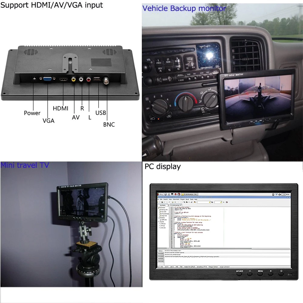 Мини-монитор Podofo автомобильный портативный с ЖК-дисплеем 10 1 дюйма VGA HDMI AVI Pi |