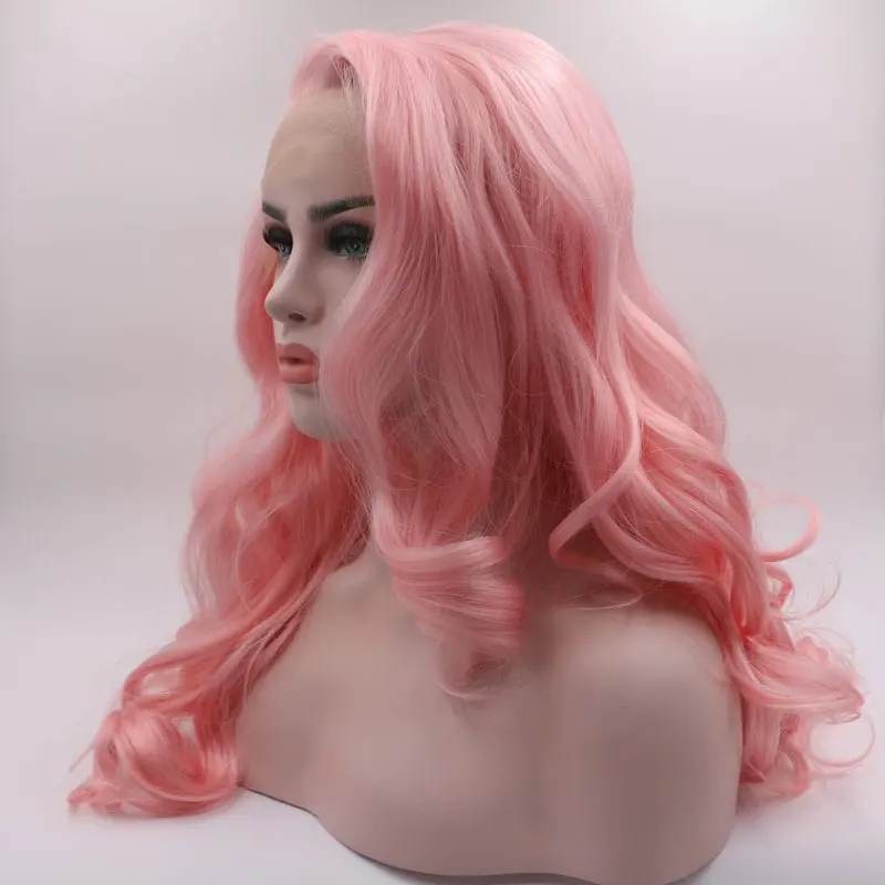 BM Synthetic 13*3 Lace Front Wig Pink Layered Body Wave Heat Resistant Fiber Hair Natural Hairline With Bangs For Women Wigs