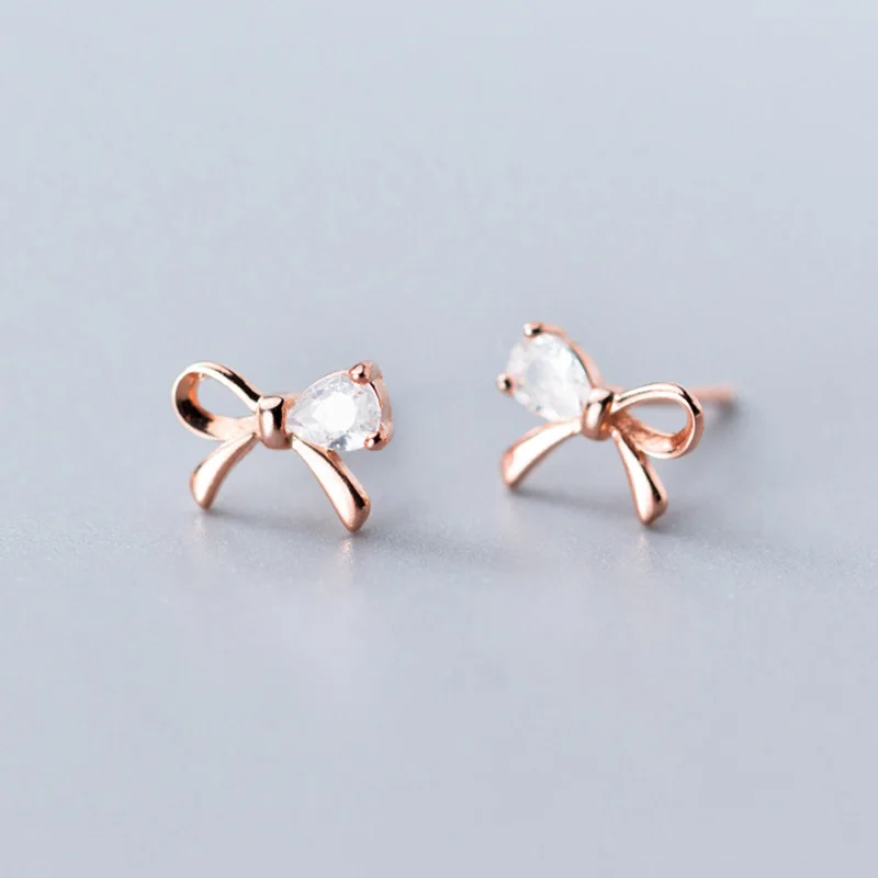 Rose Gold Trusta, 1 пара, 925 пробы, серебряные, милые, ослепительные, с бантом, CZ, серьги-гвоздики для женщин, девочек, подростков, девушек, ювелирное изделие, подарок DS1936 - Окраска металла: Rose Gold