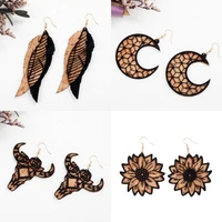 gothic style laser cutting cork sunflower crescent moon feather drop earrings for women firm black velvet embellished jewelry