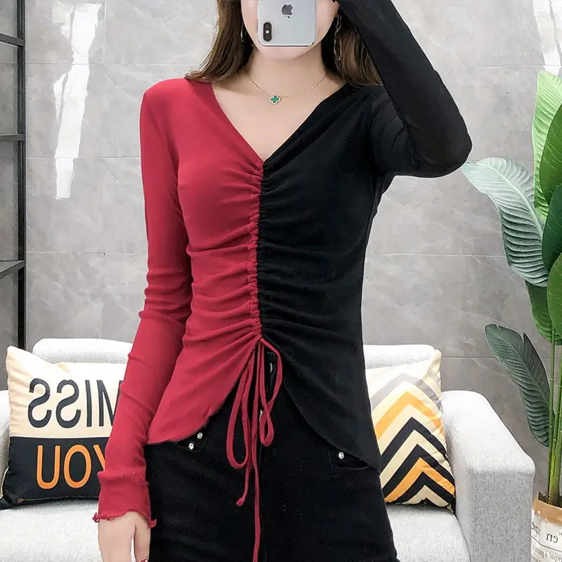 

Stitching long-sleeved t-shirt women spring and autumn new style mesh t-shirt trendy v-neck drawstring autumn top women