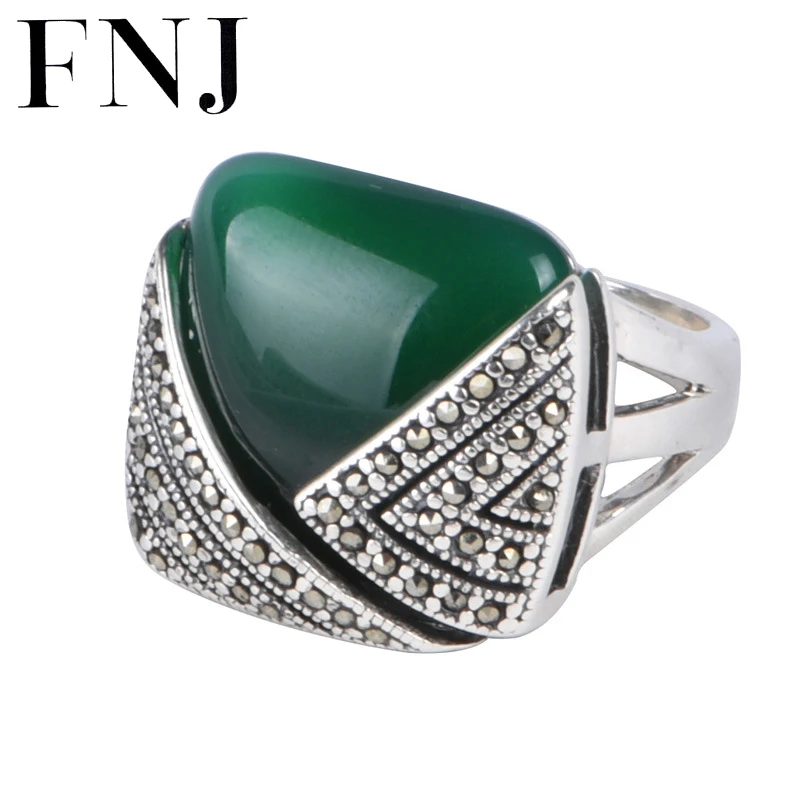 

FNJ Square Green Agate Ring 925 Silver New Original S925 Sterling Silver Rings for Women Jewelry USA size 6-8 MARCASITE