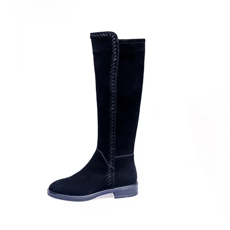 

Autumn Winter New Korean Version High Boots Round Toe Flat Knight Boots Knee Length Leather Mid-length Women's Boots Plus Velvet