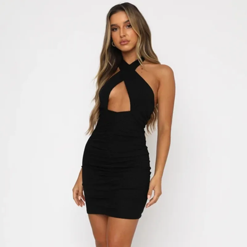 

Sexy Lades Summer Bodycon Dress Women High Waist Cut Out Sundress Hollow Off Shoulder Halter Backless Mini Vestidos Party Club