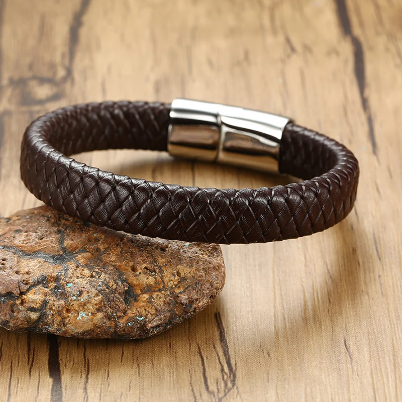 Vnox Men's Stylish Black/Brown Braided Leather Bracelet Stainless Steel Clasp Punk Bangles 19/21cm | Украшения и аксессуары