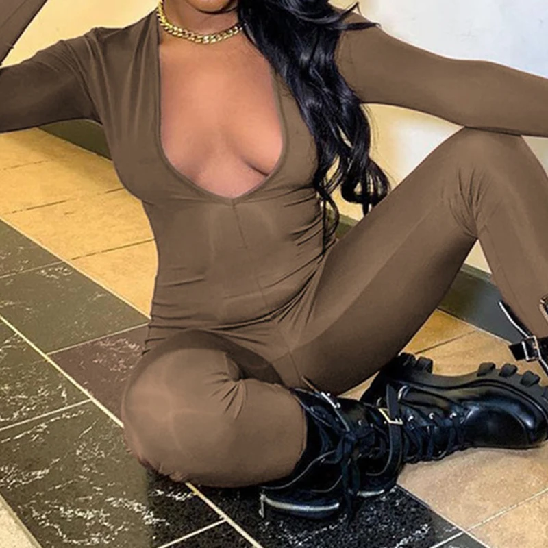 

High Waist Drawstring Lace Up Simple Low Cut Bodycon Sexy Jumpsuits 2021 New Style Women's Streetwear Rompers Brown Long Sleeve